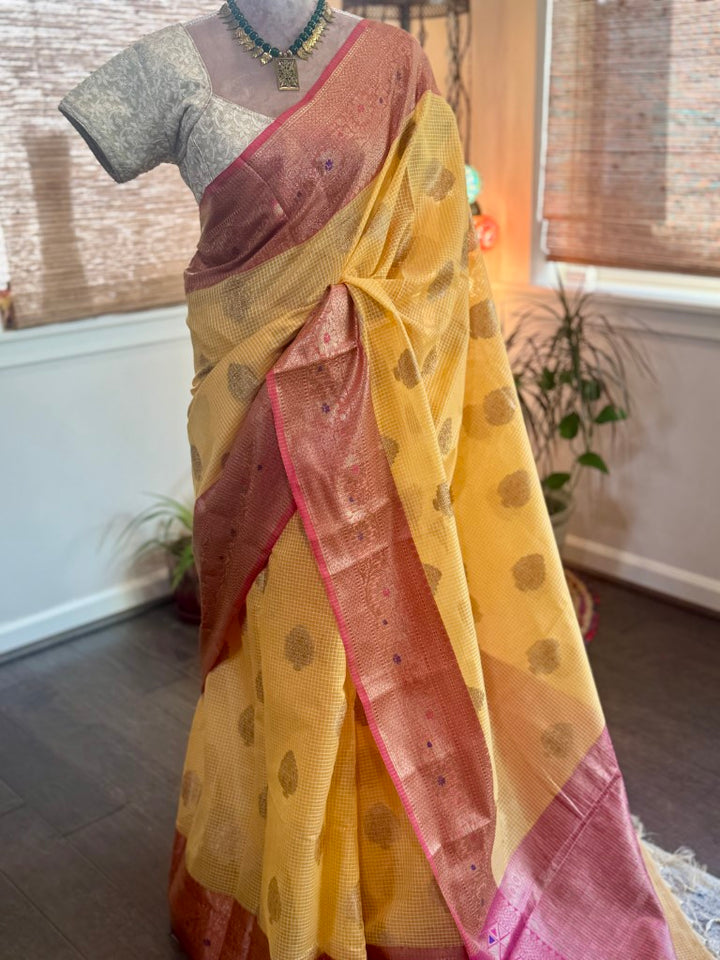 Yellow Semi Organza Kota Banarasi Silk Saree