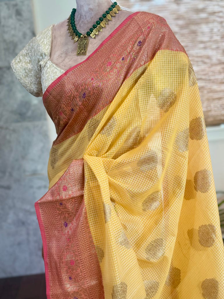 Yellow Semi Organza Kota Banarasi Silk Saree