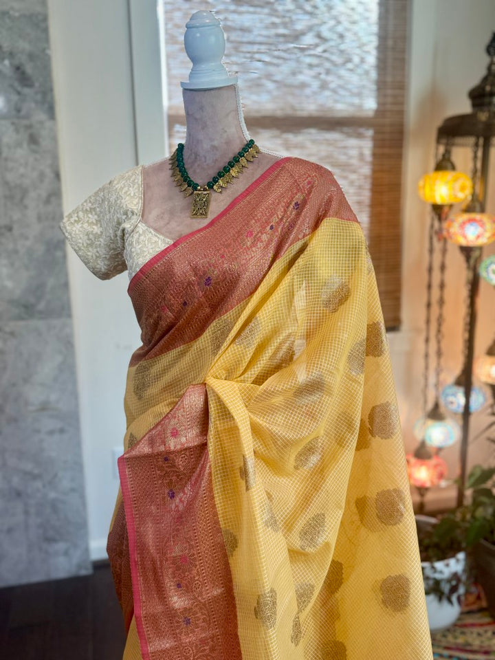 Yellow Semi Organza Kota Banarasi Silk Saree