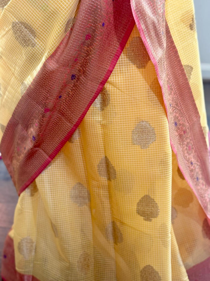 Yellow Semi Organza Kota Banarasi Silk Saree