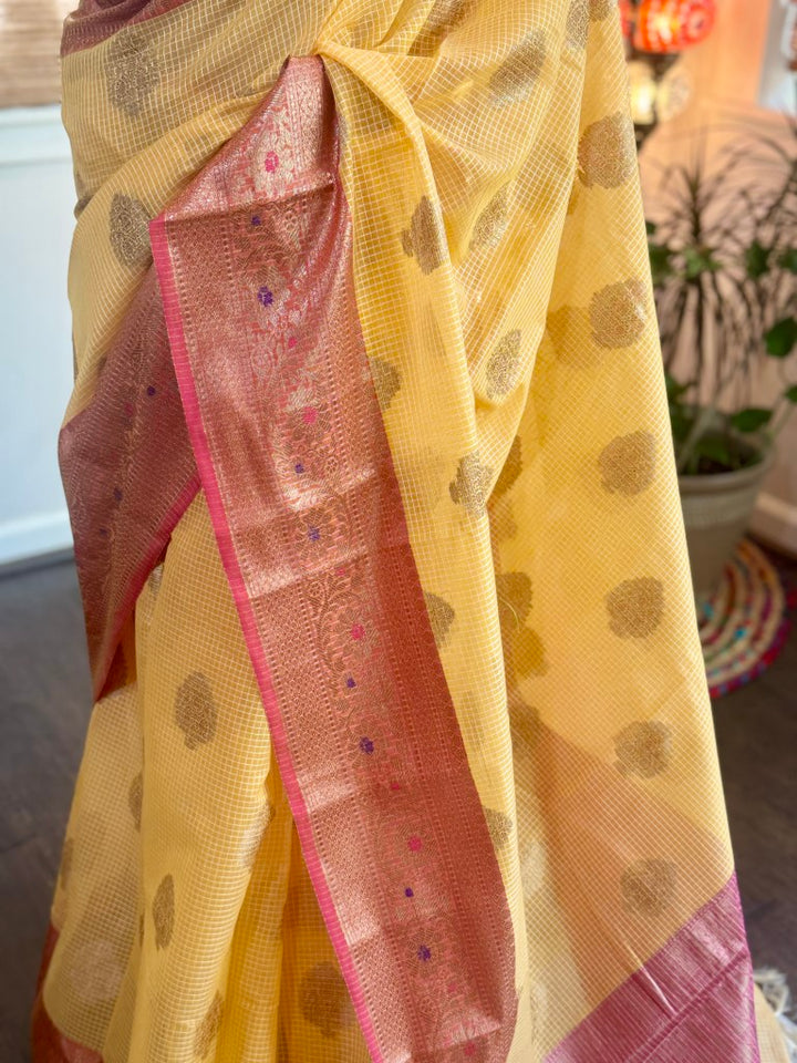 Yellow Semi Organza Kota Banarasi Silk Saree