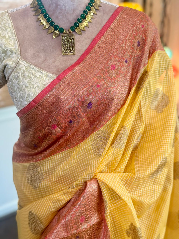 Yellow Semi Organza Kota Banarasi Silk Saree