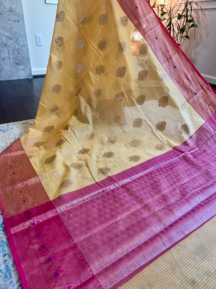Yellow Semi Organza Kota Banarasi Silk Saree