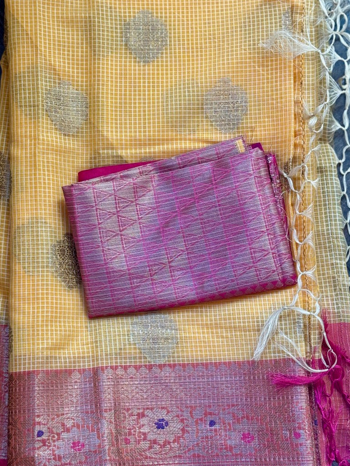 Yellow Semi Organza Kota Banarasi Silk Saree