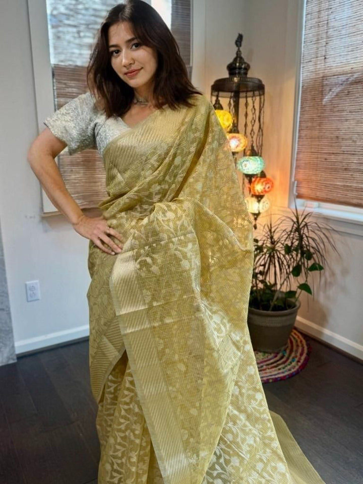 Yellow Kota Tissue Silk Saree w/ Woven Zari Jaal Work