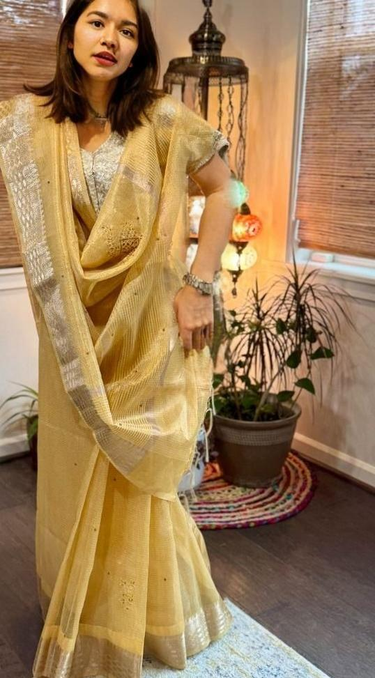 Yellow Tissue Kota Saree w/ Embroidery