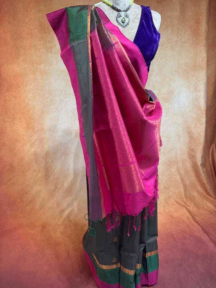 Grey w/ Pink and Green Border Soft Silk