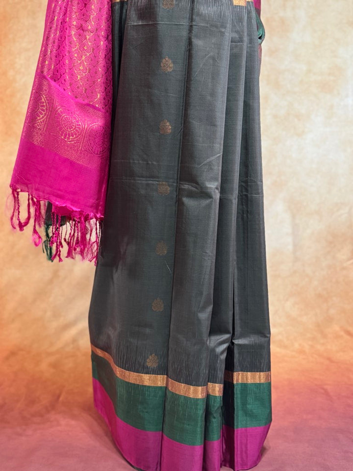 Grey w/ Pink and Green Border Soft Silk