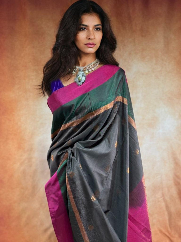 Grey w/ Pink and Green Border Soft Silk