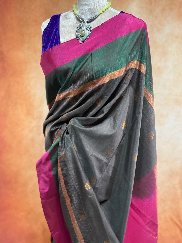 Grey w/ Pink and Green Border Soft Silk