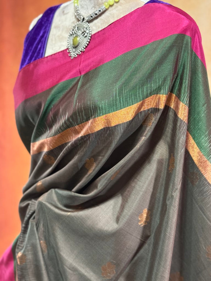 Grey w/ Pink and Green Border Soft Silk