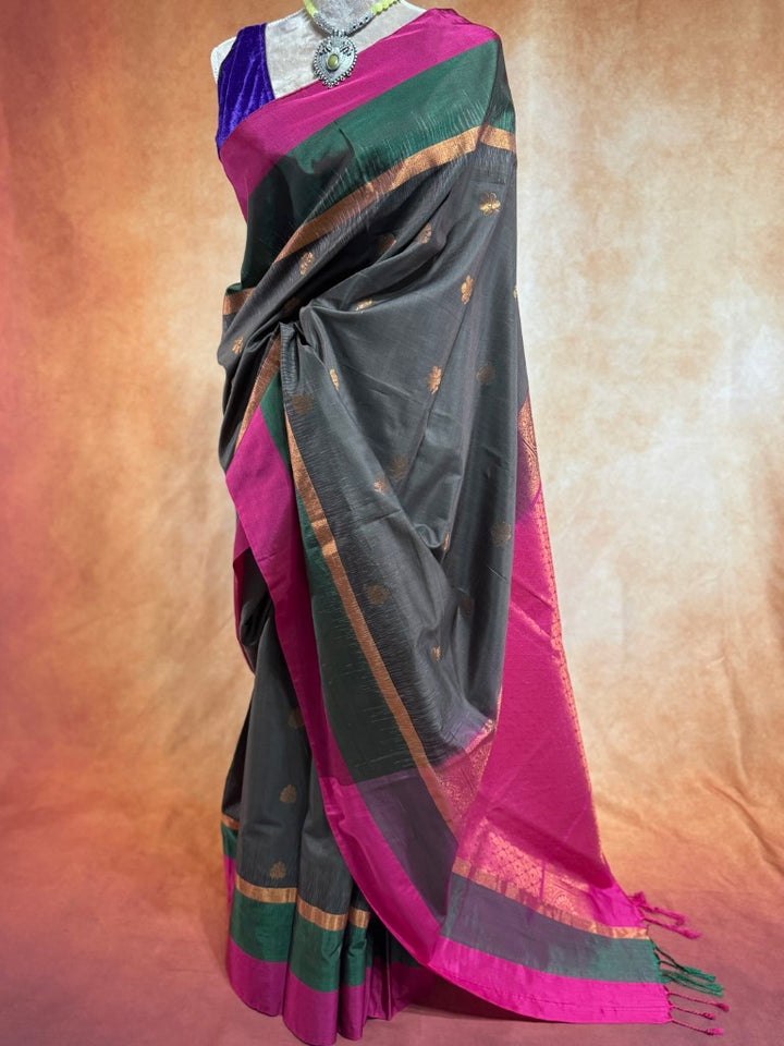 Grey w/ Pink and Green Border Soft Silk