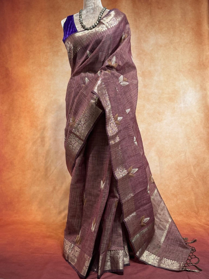Wine Linen Tissue Saree w/ Embroidery