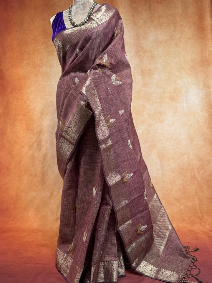 Wine Linen Tissue Saree w/ Embroidery