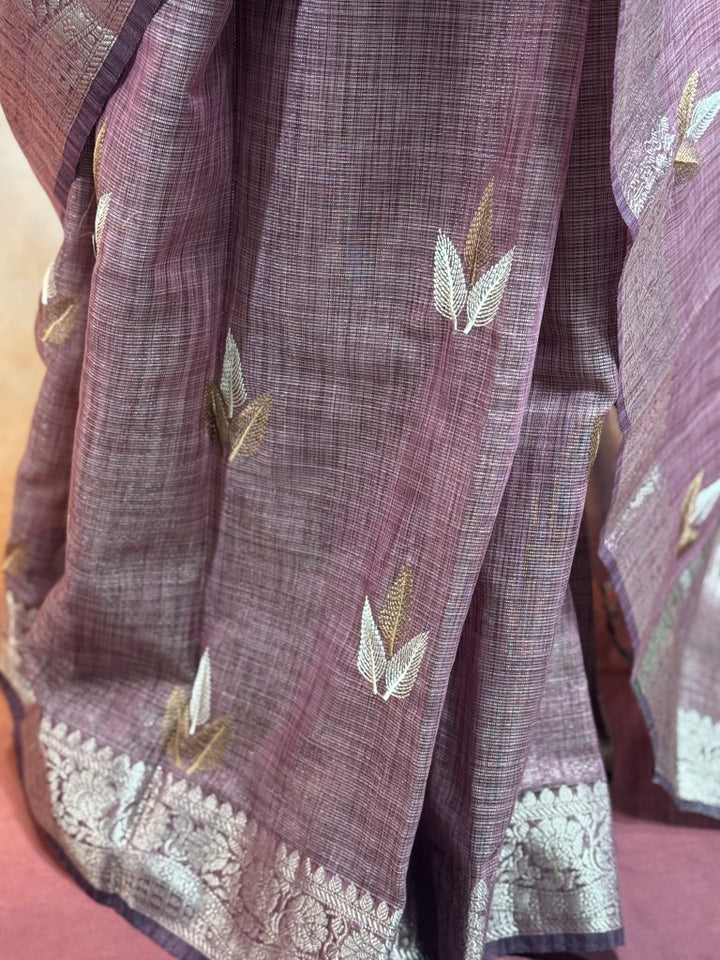 Wine Linen Tissue Saree w/ Embroidery