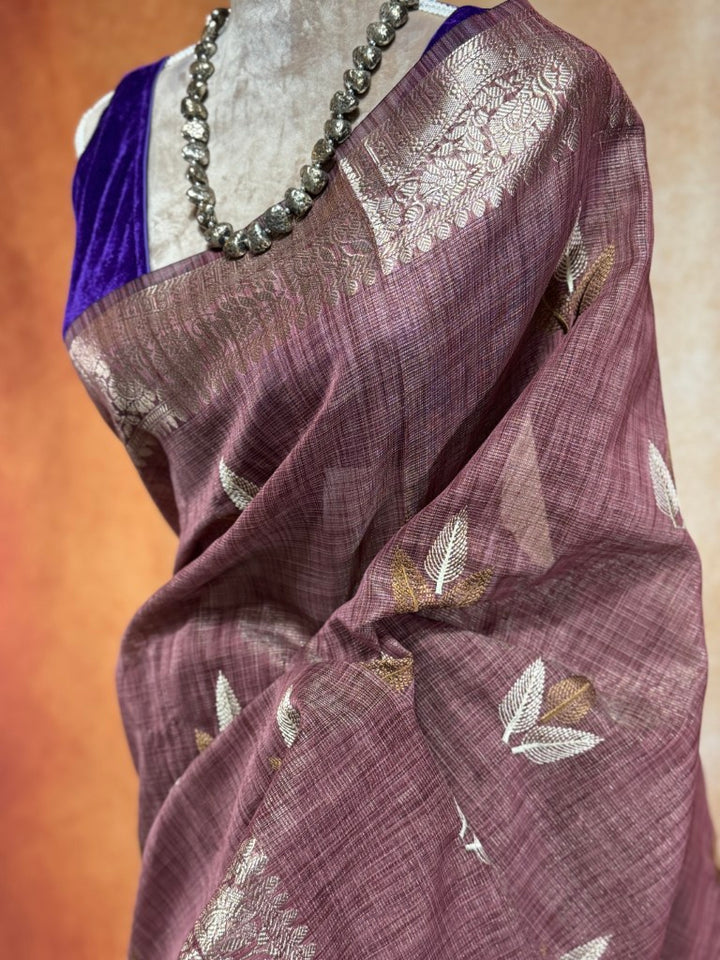 Wine Linen Tissue Saree w/ Embroidery