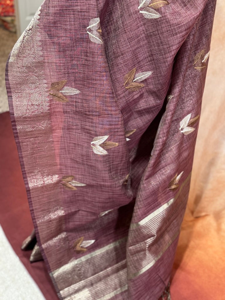 Wine Linen Tissue Saree w/ Embroidery