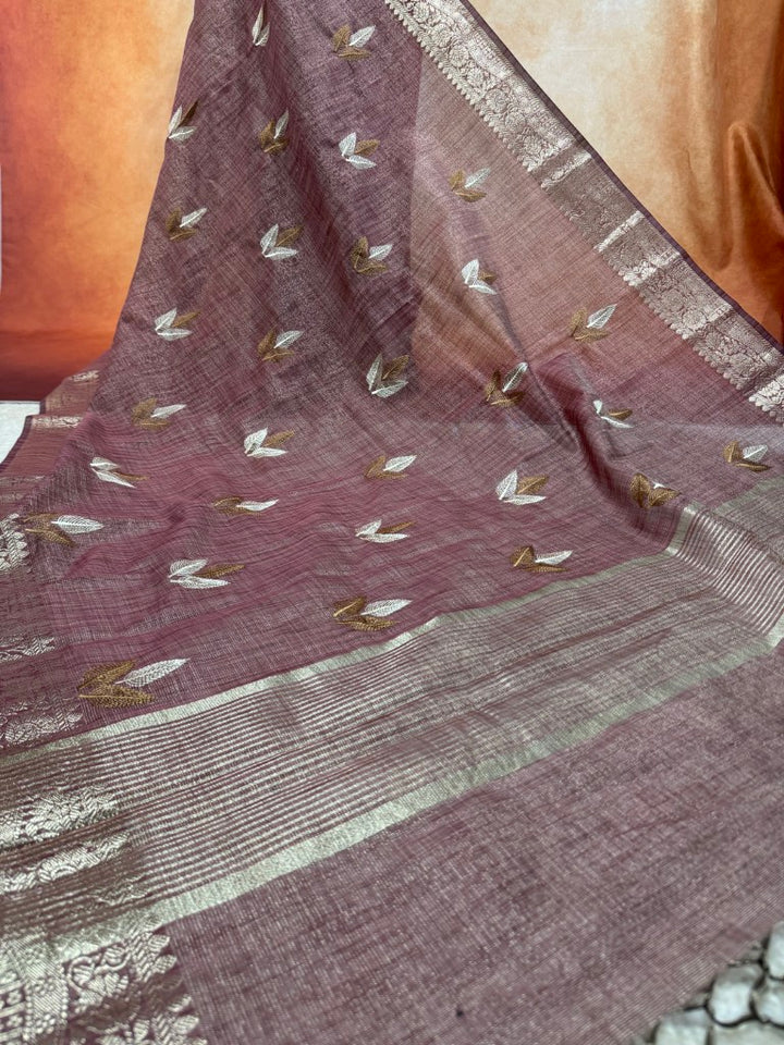 Wine Linen Tissue Saree w/ Embroidery