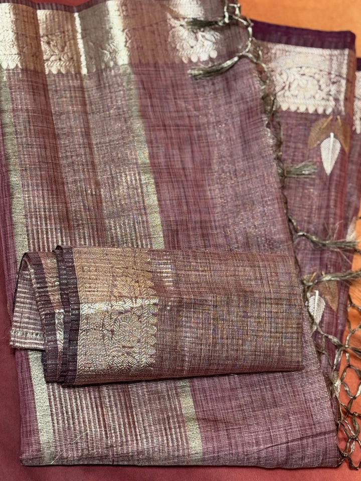 Wine Linen Tissue Saree w/ Embroidery