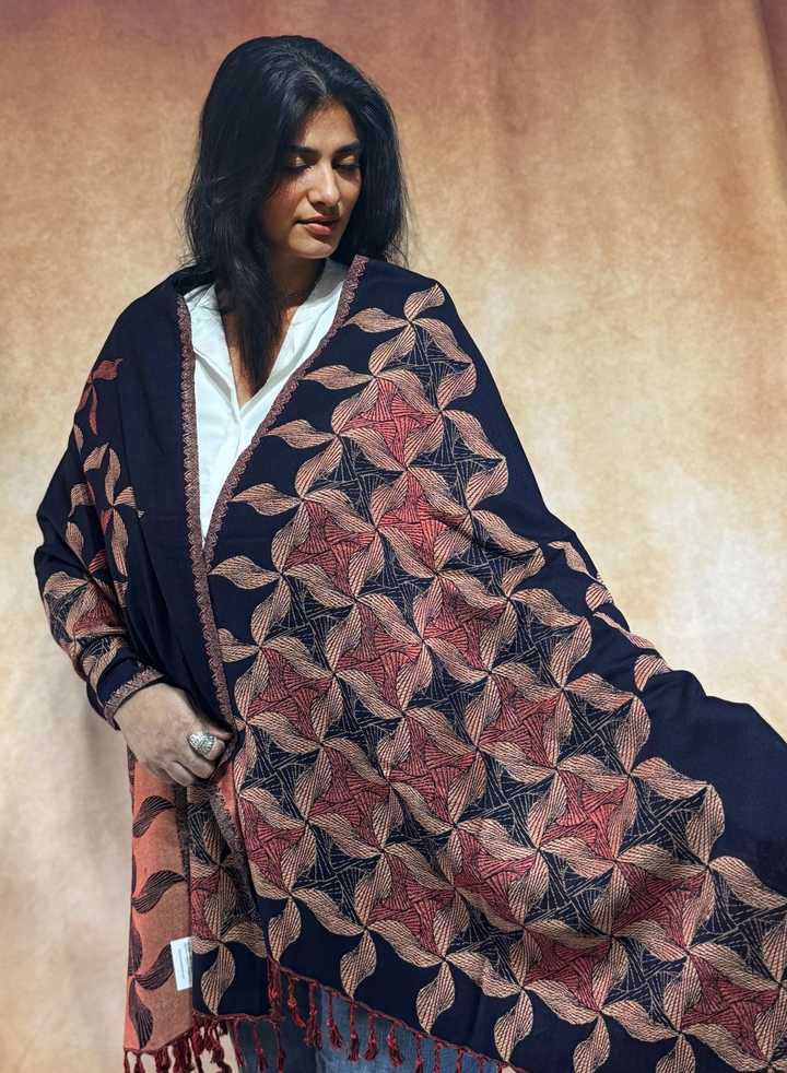 Navy Kashmiri Jamawar Reversible Woven Wool Stole