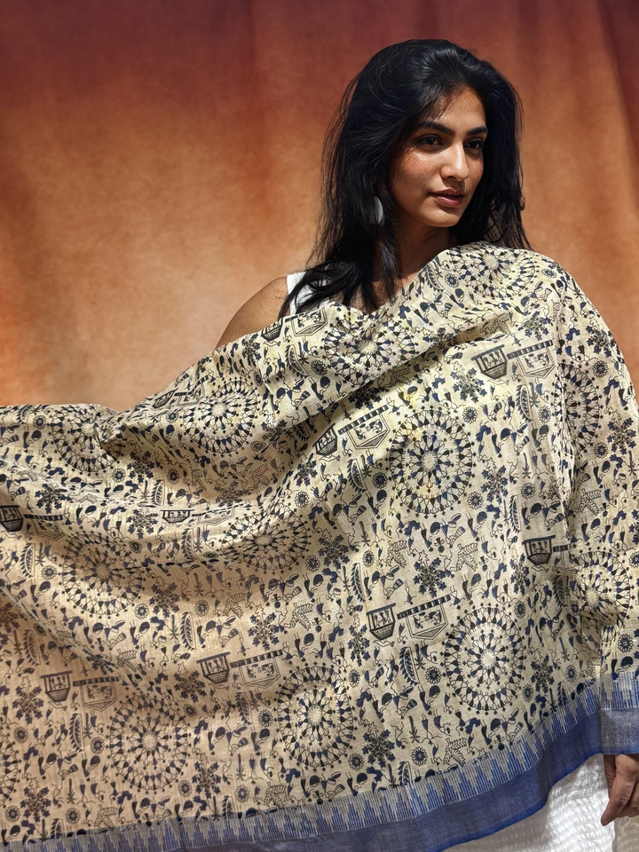 Ivory Cotton Handloom w/ Warli Hand block Print