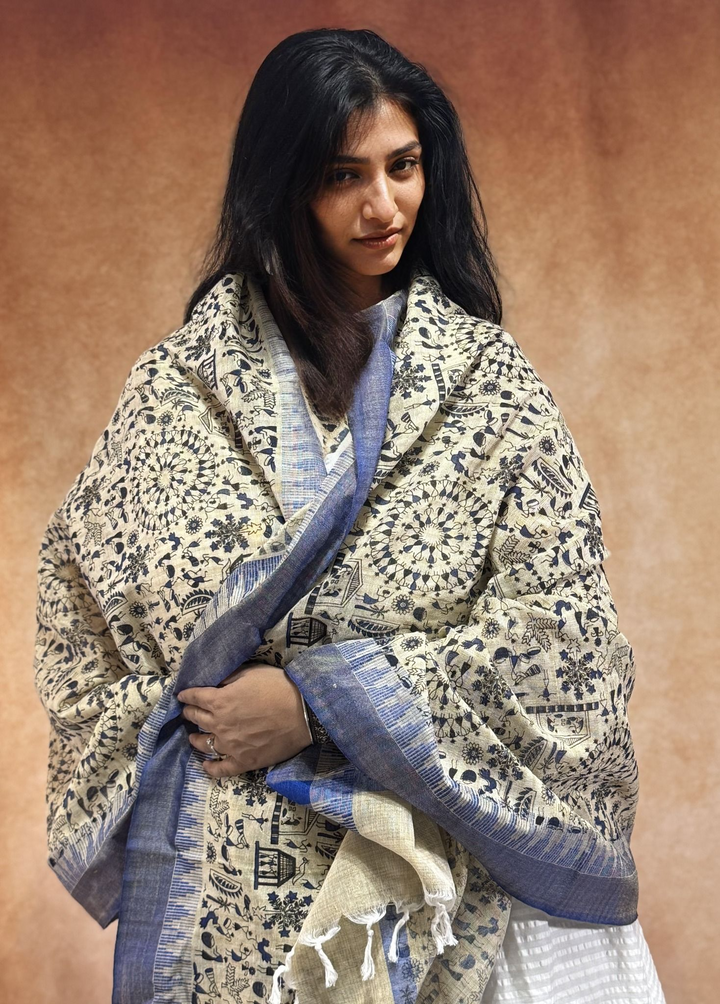 Ivory Cotton Handloom w/ Warli Hand block Print