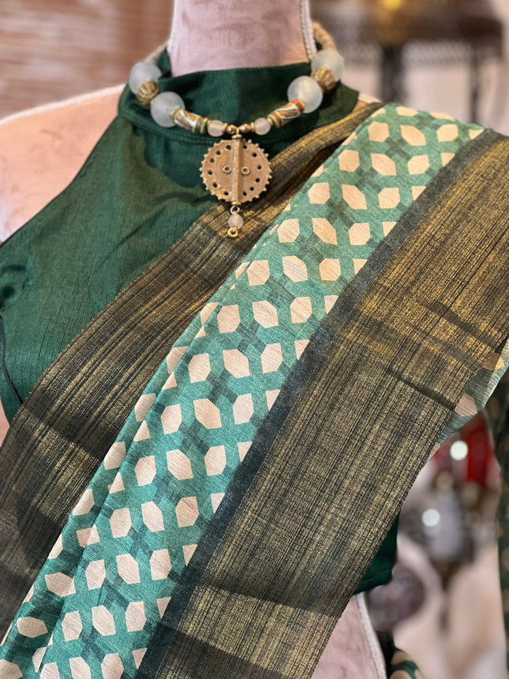 Green Diamond Print Bapta Silk Saree