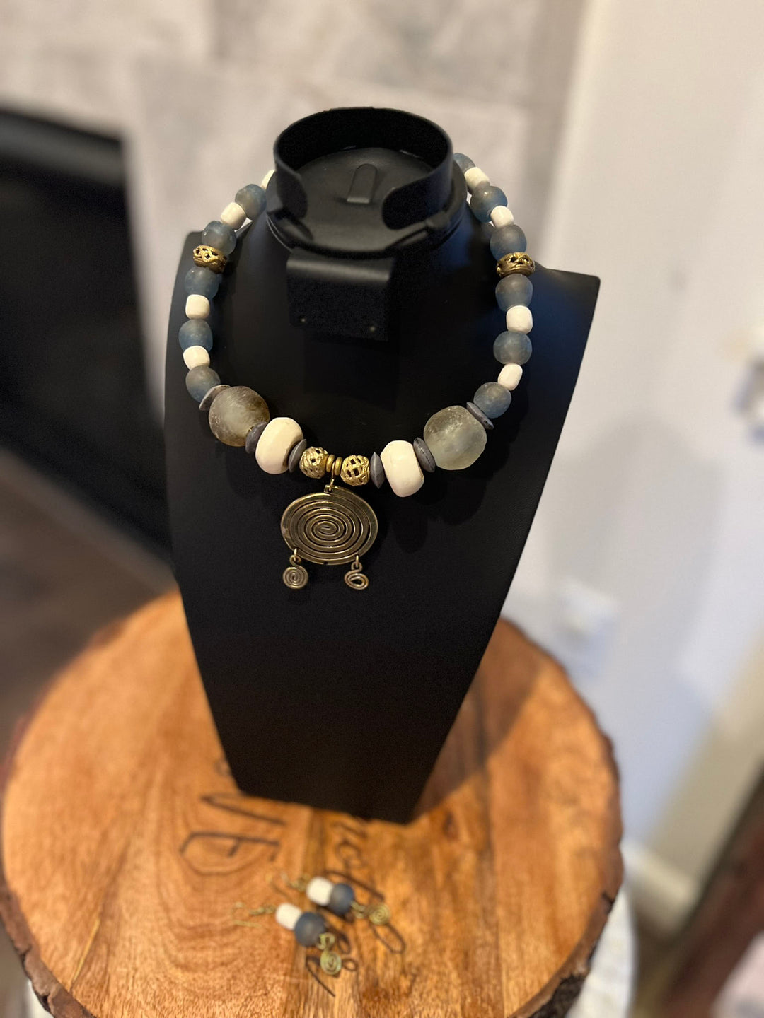White Blue Handcrafted African Glass Beads Long Necklace Set