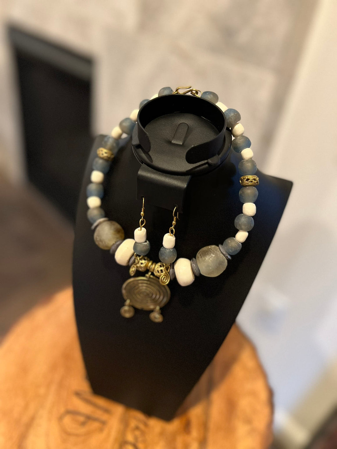 White Blue Handcrafted African Glass Beads Long Necklace Set