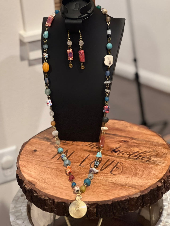 Multicolored Handcrafted African Beads Long Necklace Set