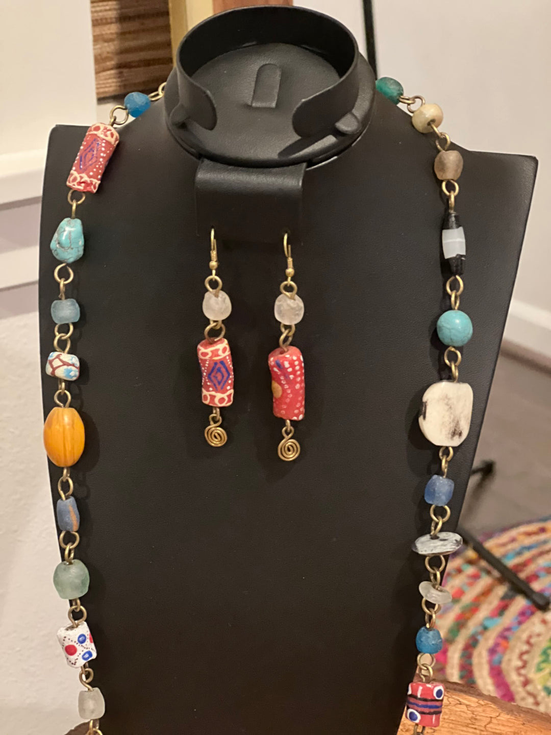Multicolored Handcrafted African Beads Long Necklace Set