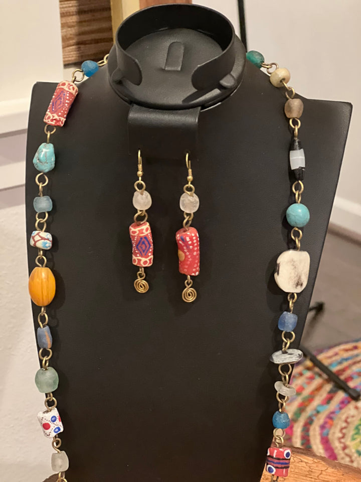 Multicolored Handcrafted African Beads Long Necklace Set