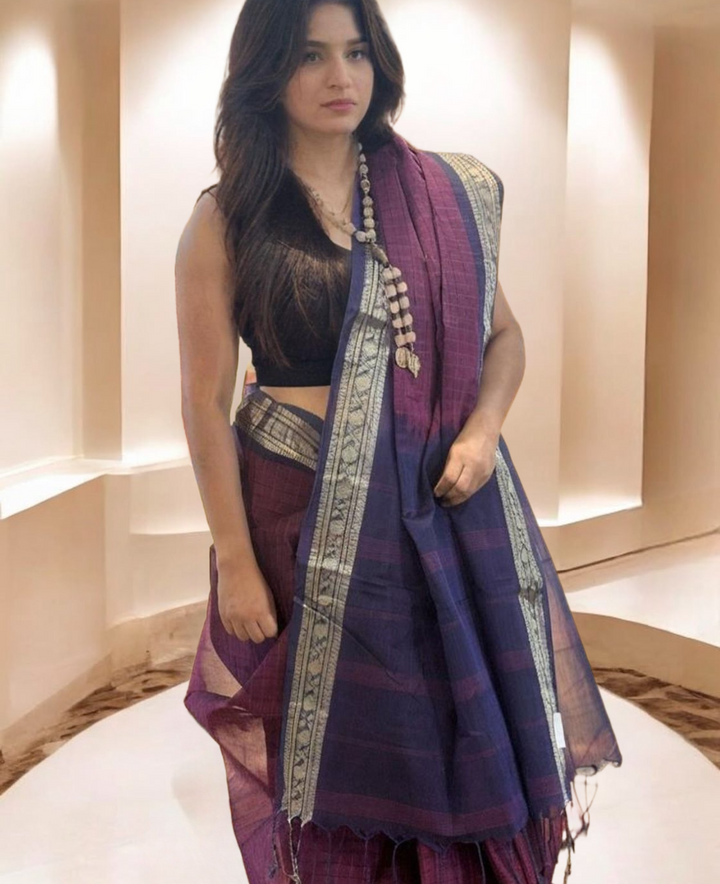 Pink Checks Bangladeshi Cotton Saree (Without BP)