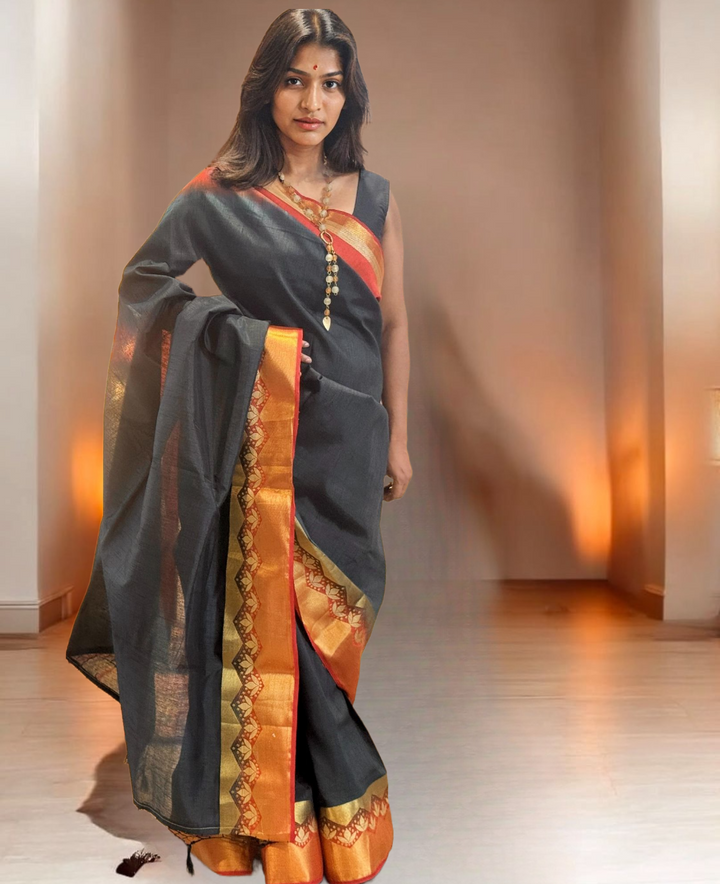 Navy Orange Zari Blended Silk Saree