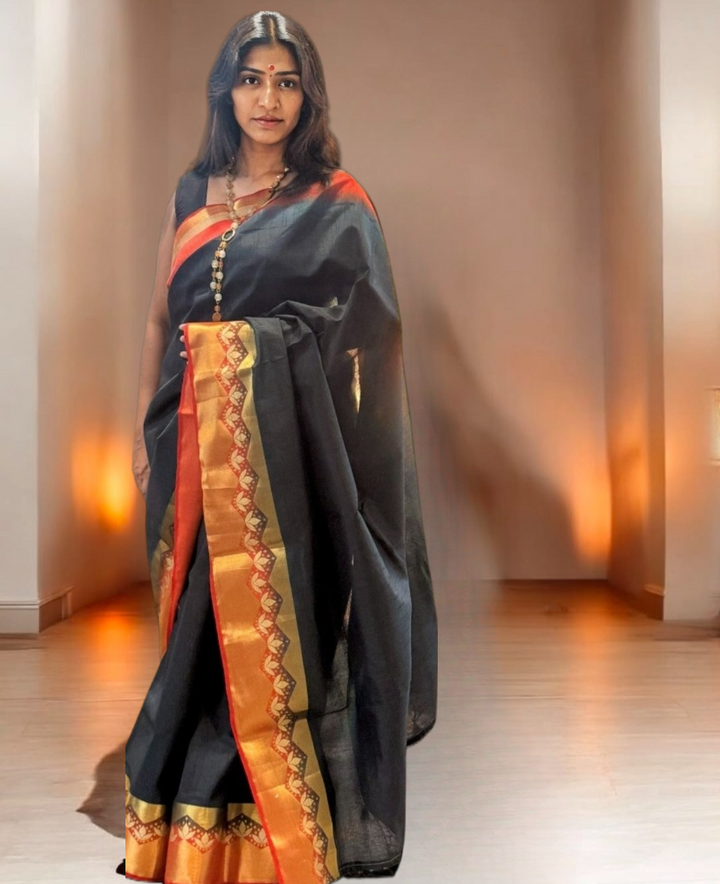 Navy Orange Zari Blended Silk Saree