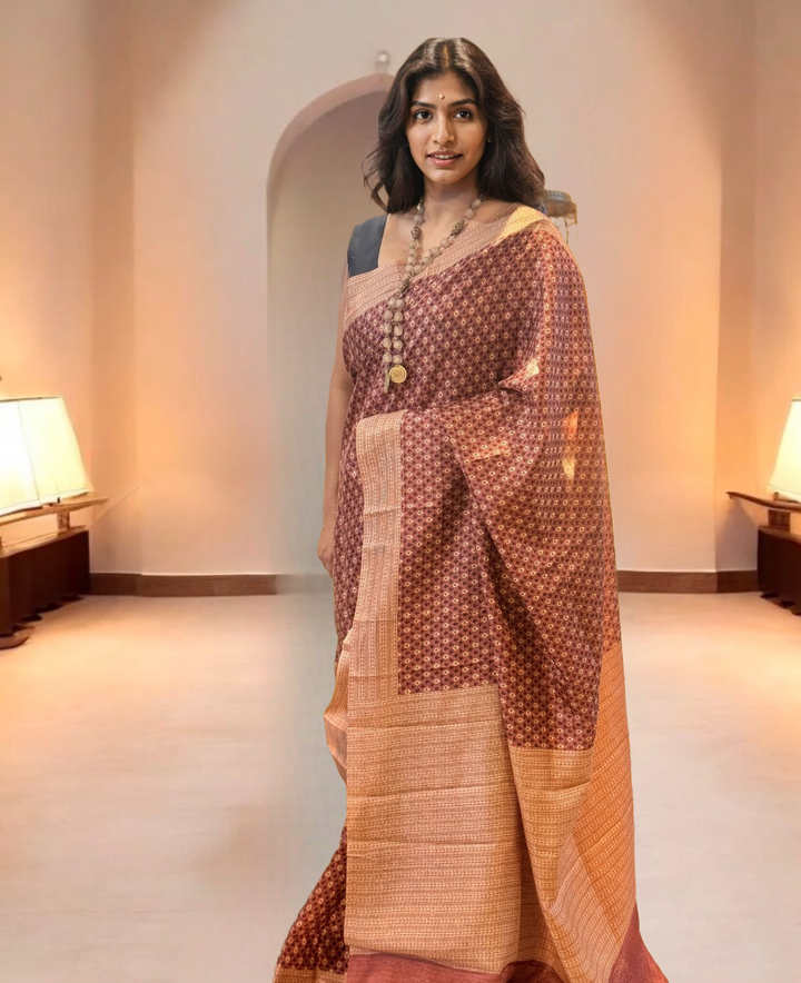 Brick Red Pure Silk Bagru Print Saree