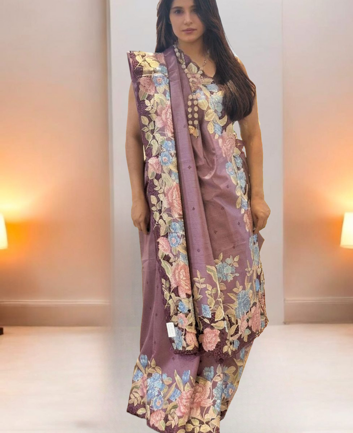 Violet Pure Tussar Silk with Cutwork and Cross Stitch Embroidery