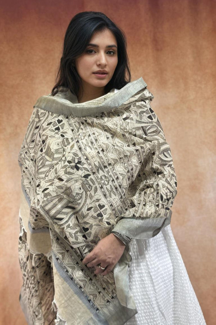 Ivory Cotton Handloom w/ Madhubani Hand Block Print