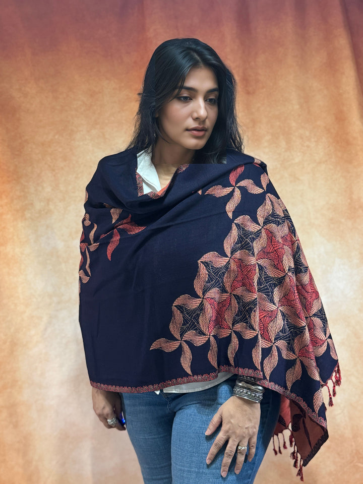 Navy Kashmiri Jamawar Reversible Woven Wool Stole