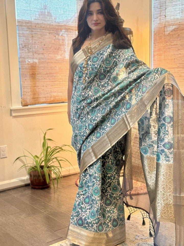Grey Blue Jamdani Saree w/ Zari Woven Border