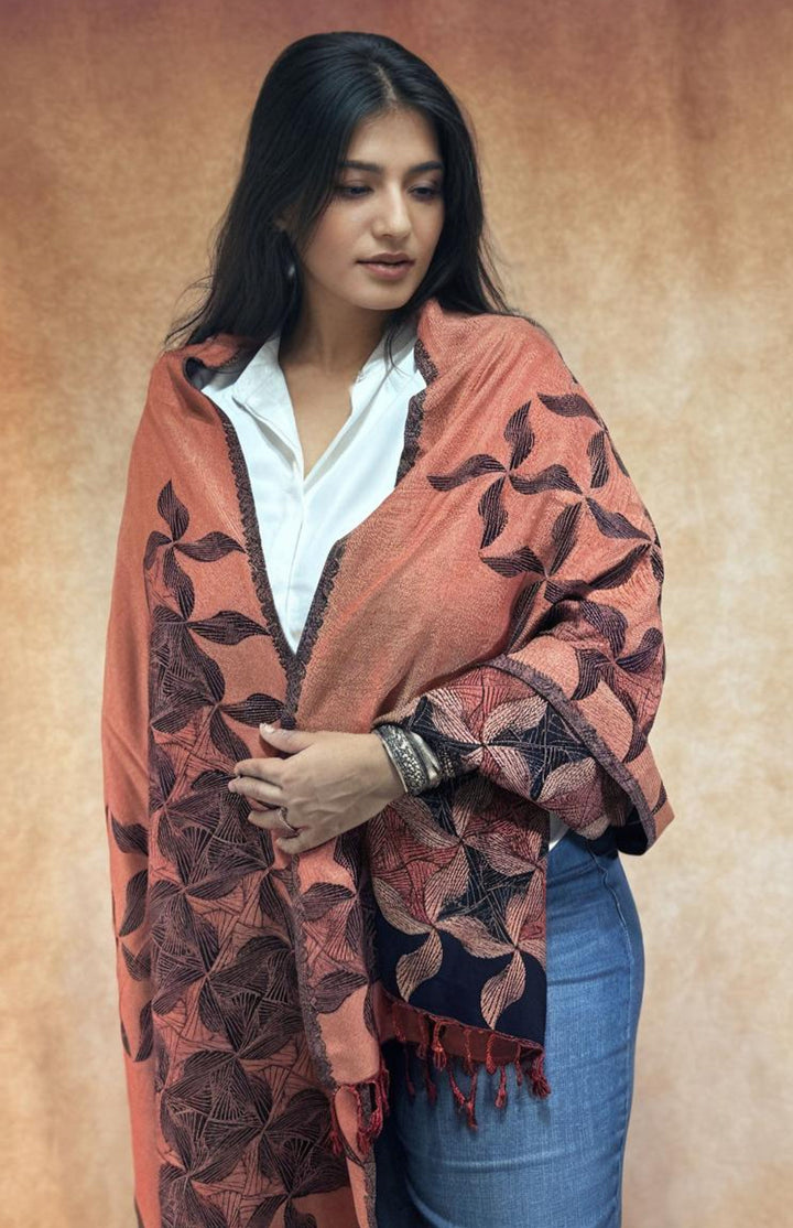 Navy Kashmiri Jamawar Reversible Woven Wool Stole