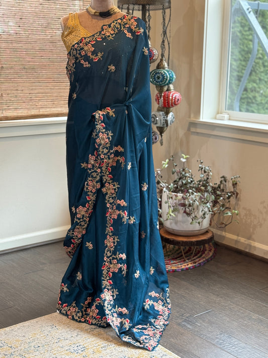 Peacock Blue Embroidered Kosa Silk Saree