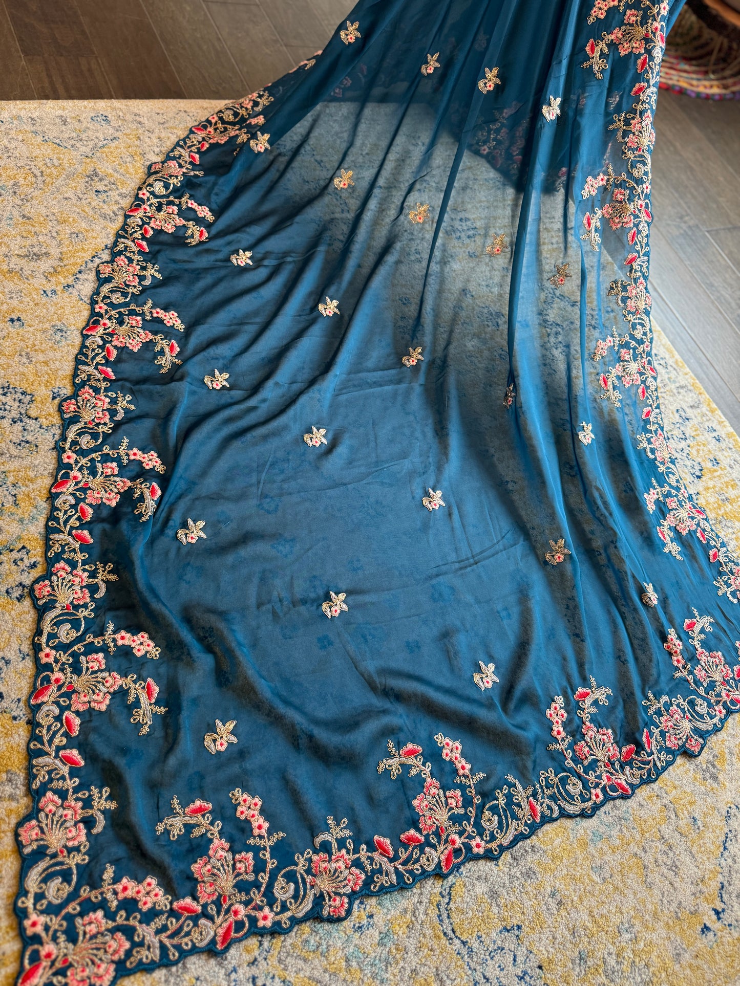 Peacock Blue Embroidered Kosa Silk Saree