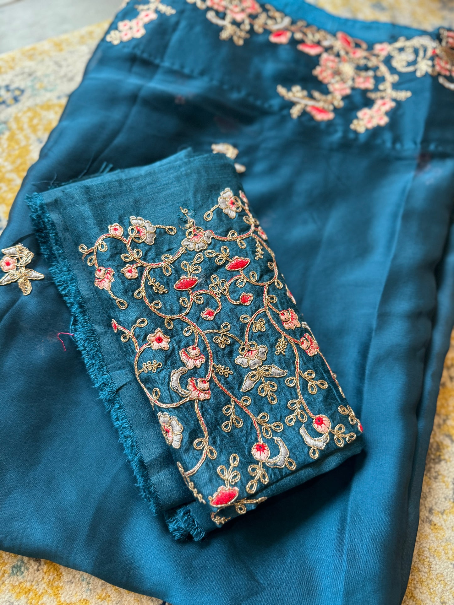 Peacock Blue Embroidered Kosa Silk Saree