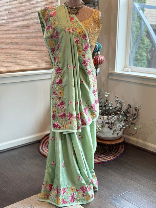 Pastel Green Silk Saree with Embroidery