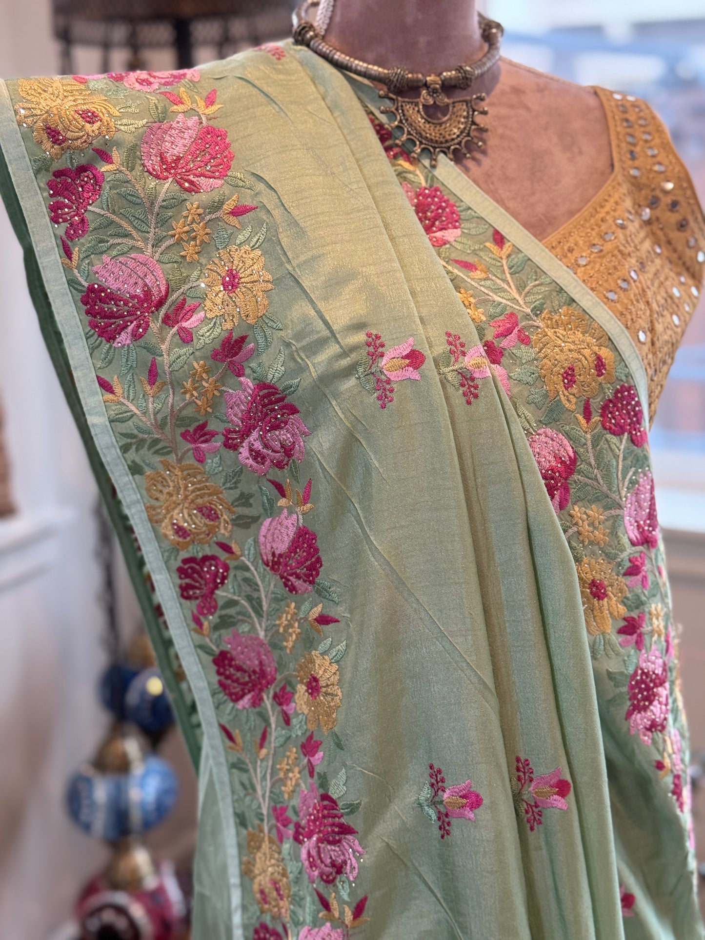 Pastel Green Silk Saree with Embroidery