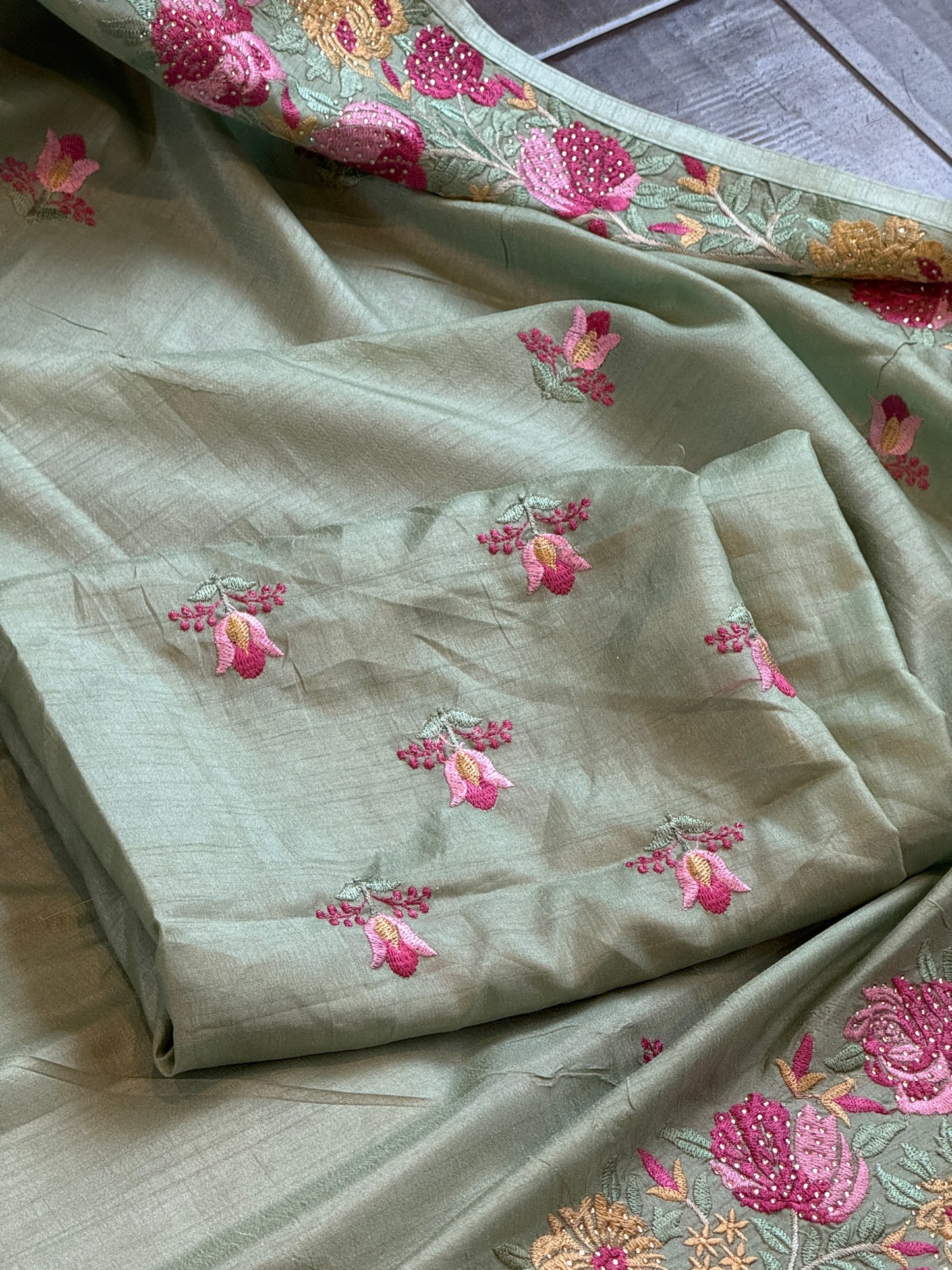 Pastel Green Silk Saree with Embroidery