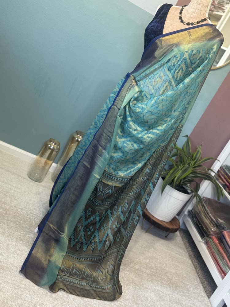 Blue Antique Gold Brasso Saree