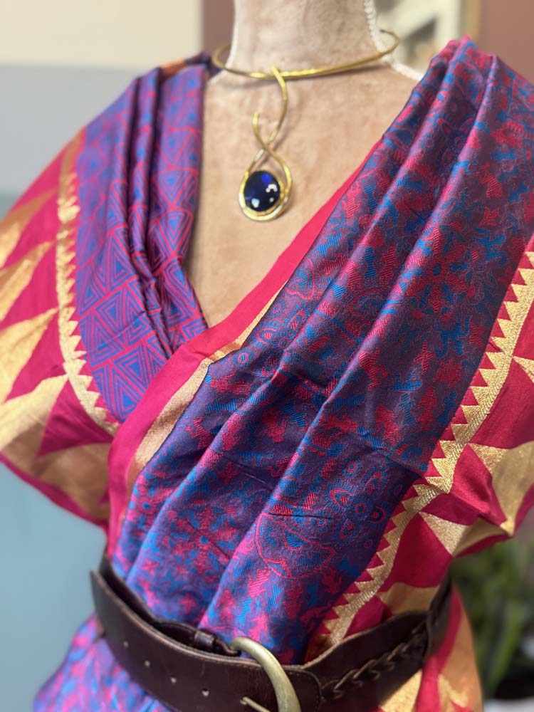 Pink and Purple Abstract Design Woven Silk Saree