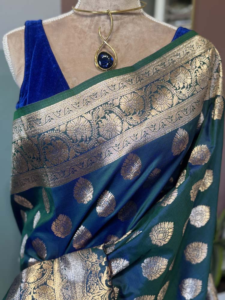 Peacock Blue Dual Tone Soft Silk Saree